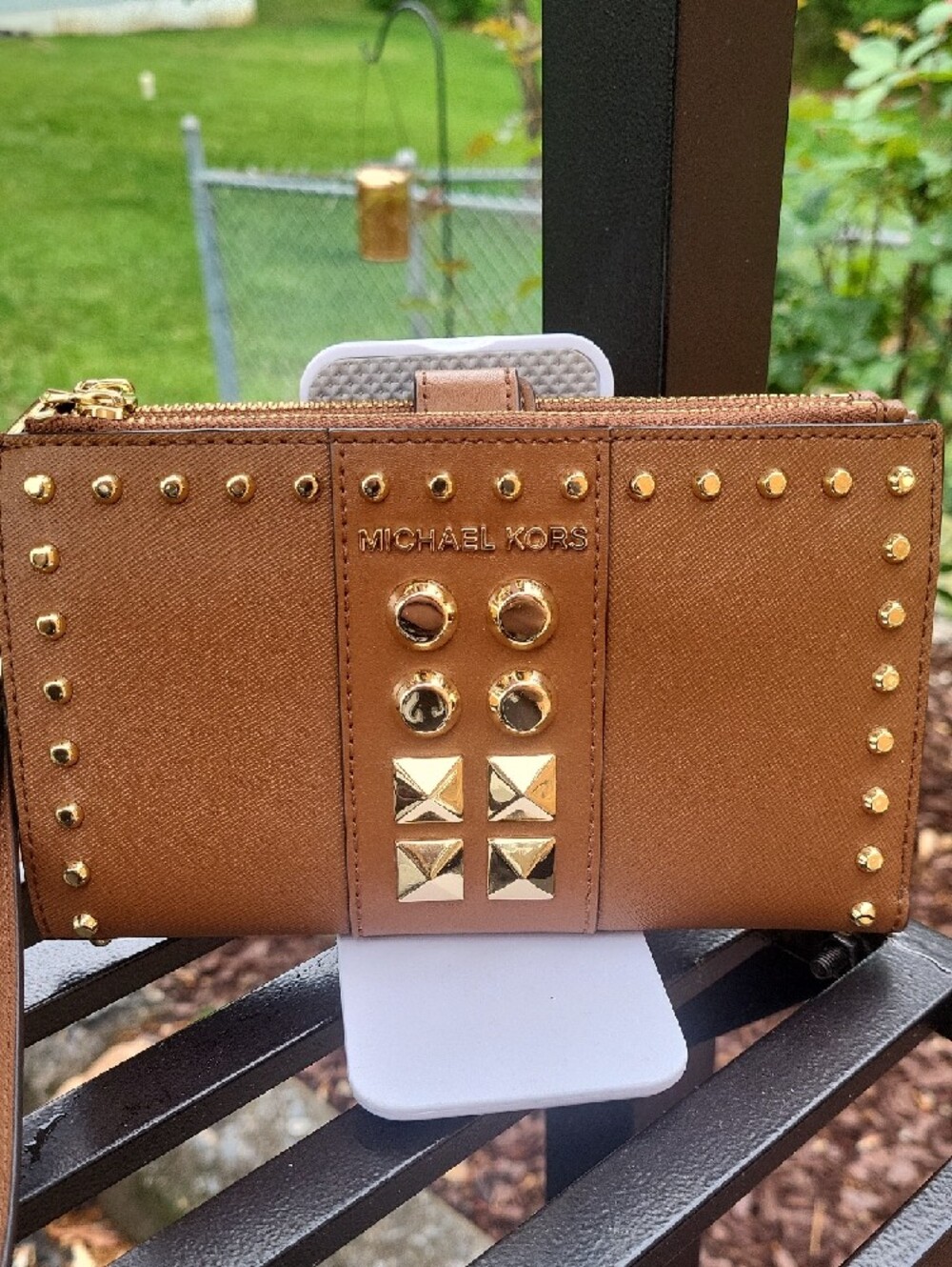 Michael Kors Brown Leather Studded Wristlet Clutch - Picture 2 of 16